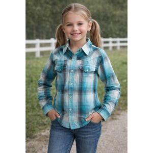 Cumberland Outfitters Bling Pearl Snap Blue Plaid Plaid Long Western Girls